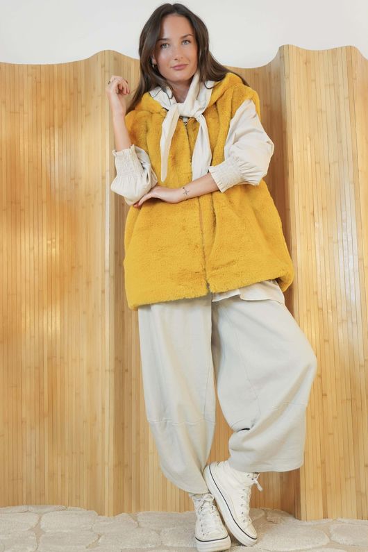 Mara Luxury Faux Fur Hooded Gilet Ochre